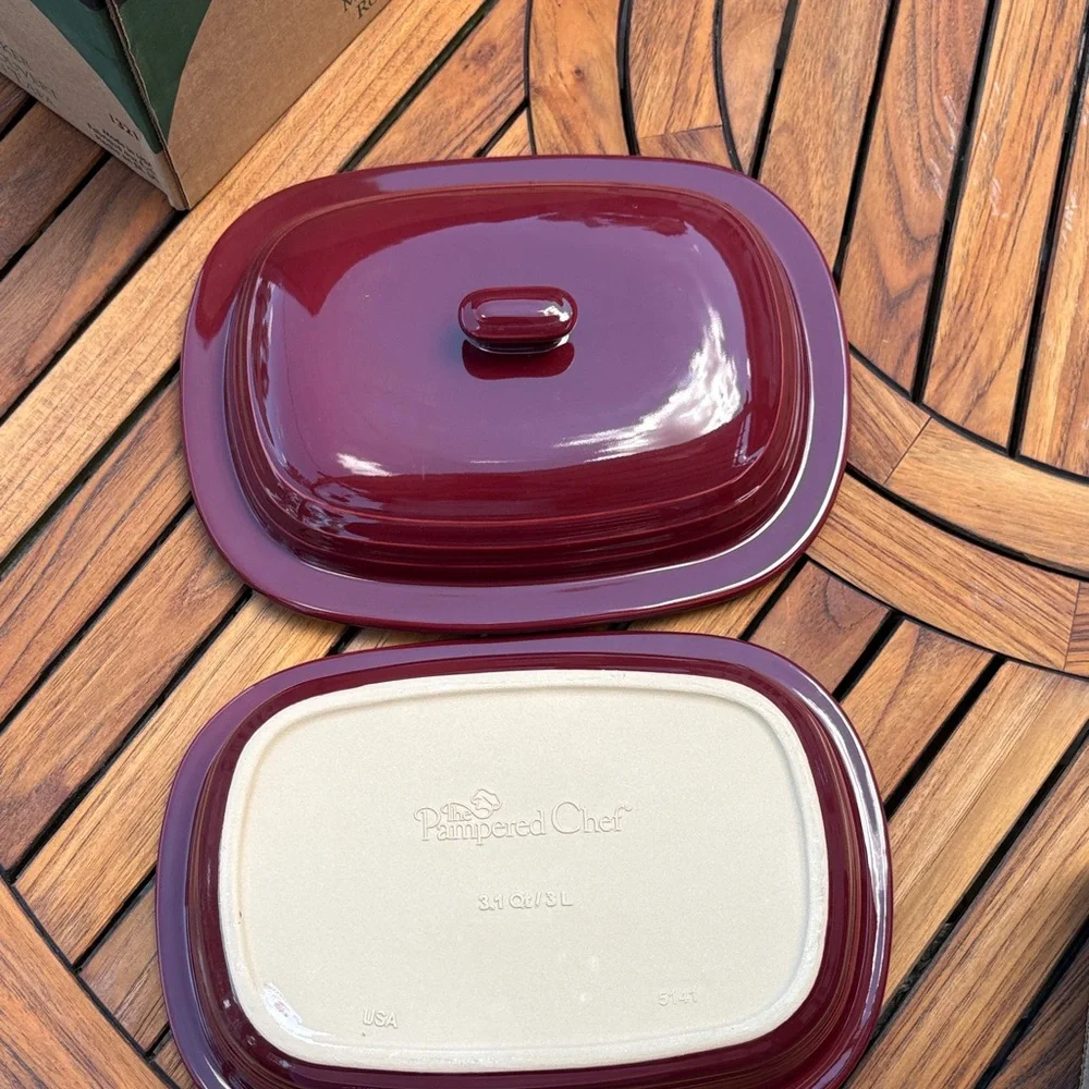 The Pampered Chef Deep Covered Baker in Burgundy Red Ceramic
